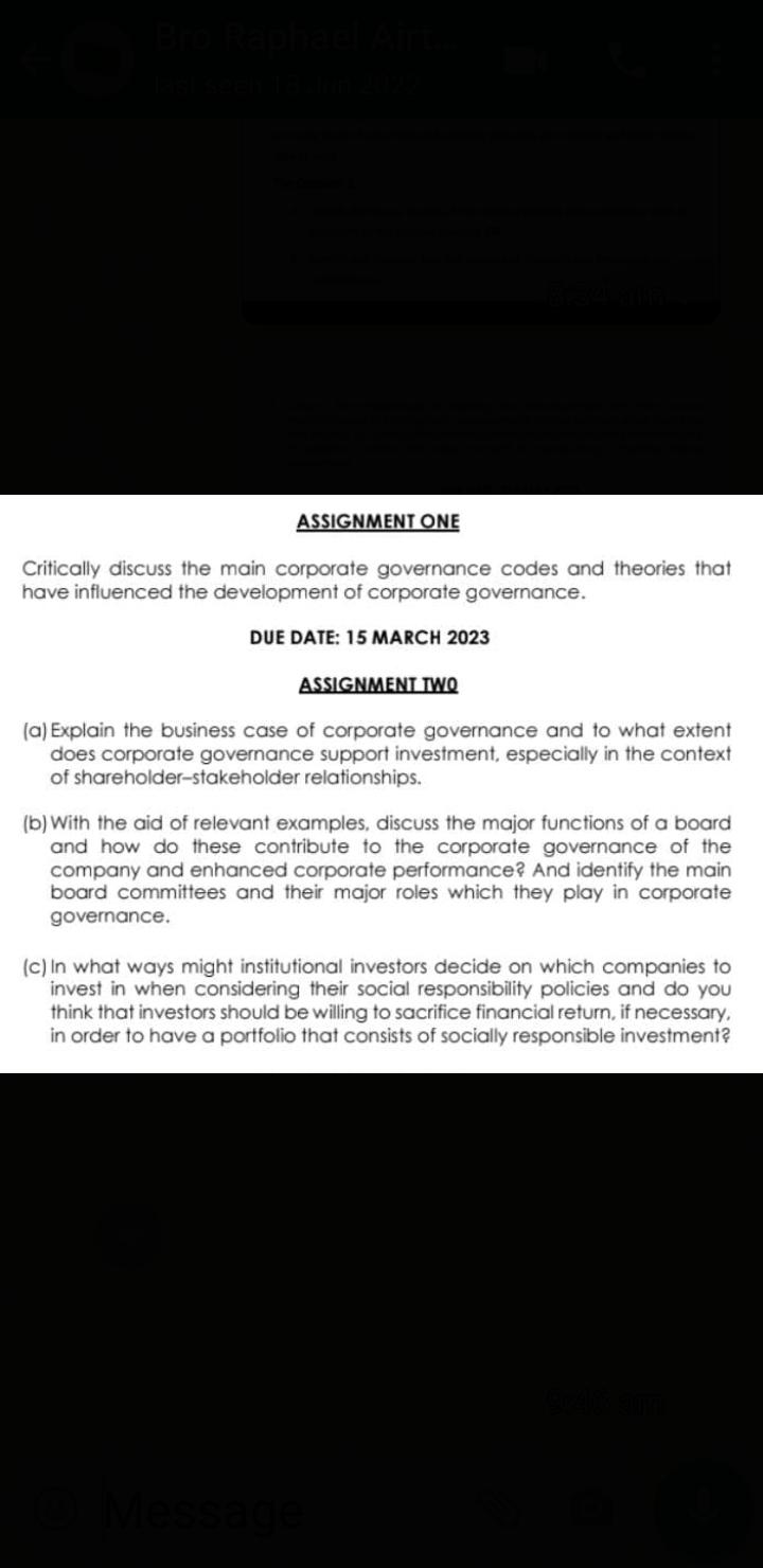 ASSIGNMENT ONE Critically discuss the main corporate governance codes and theories