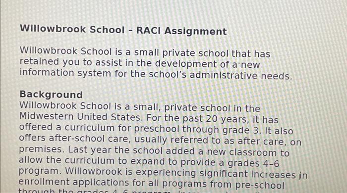  Willowbrook School - RACI Assignment Willowbrook School is a small private