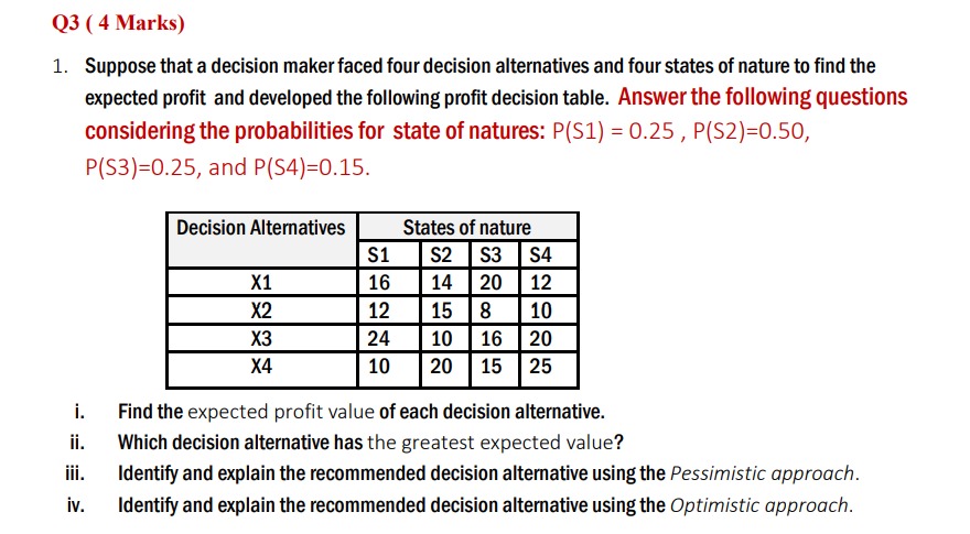 Suppose that a decision maker faced four decision alternatives and four