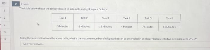  The table below shows the tasks required to assemble a widget