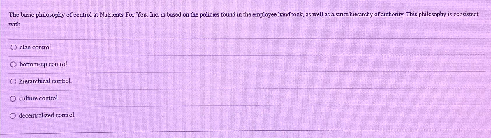  The basic philosophy of control at Nutrients-For-You, Inc. is based on