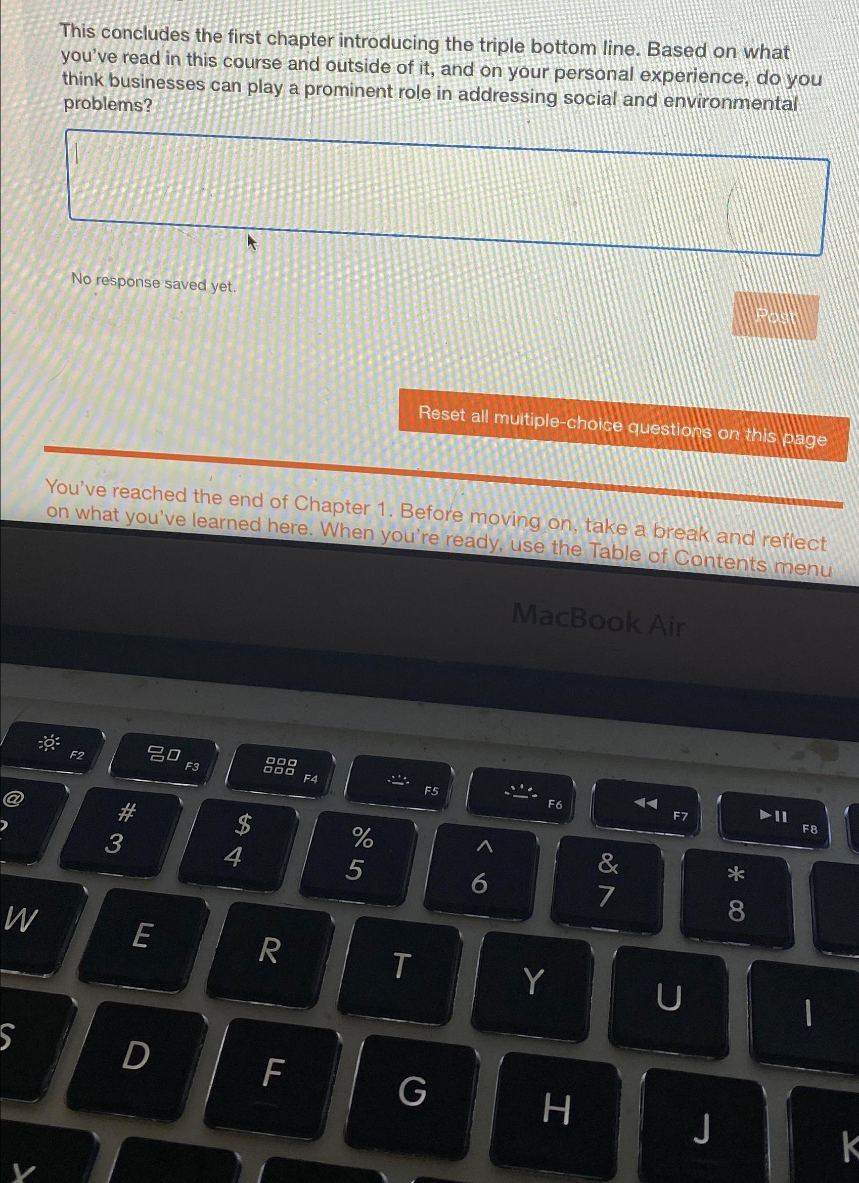  This concludes the first chapter introducing the triple bottom line. Based