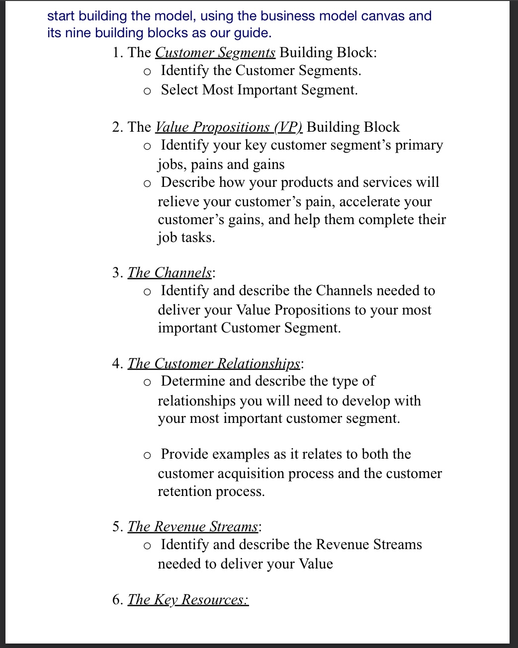 start building the model, using the business model canvas and its nine
