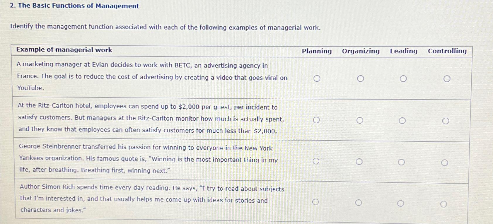  The Basic Functions of Management Identify the management function associated with