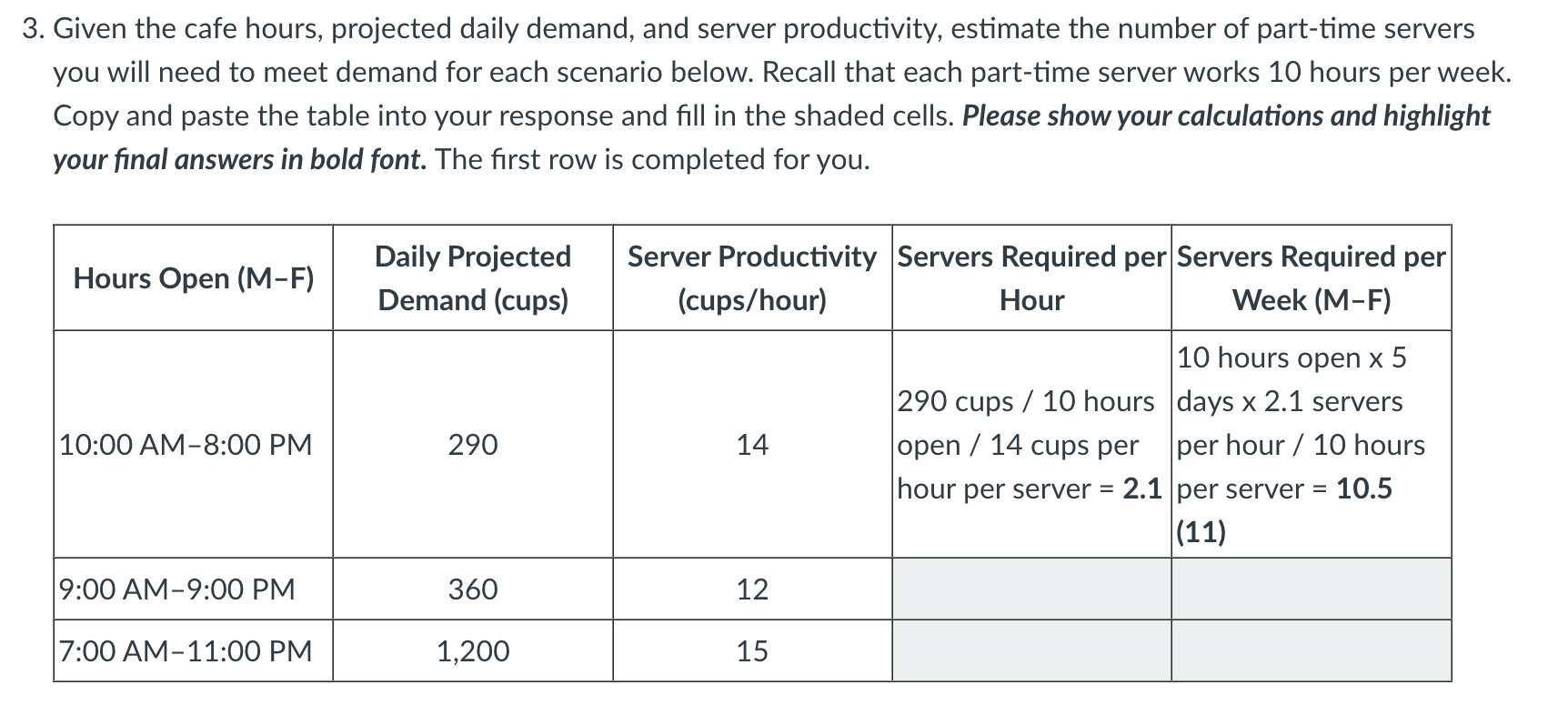  3. Given the cafe hours, projected daily demand, and server productivity,
