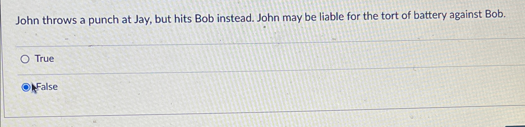  John throws a punch at Jay, but hits Bob instead. John