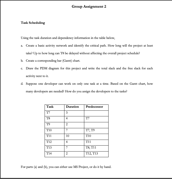 Using the task duration and dependency information in the table below,