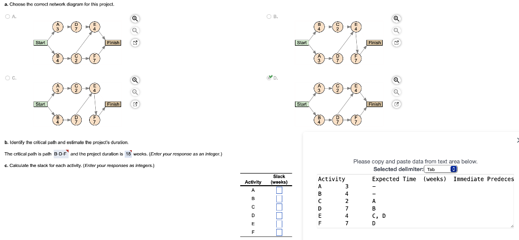 excel is preferred) Q1 Q2 Q3 a. Choose the correct network diagram