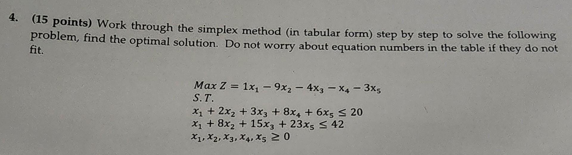  4. (15 points) Work through the simplex method (in tabular form)