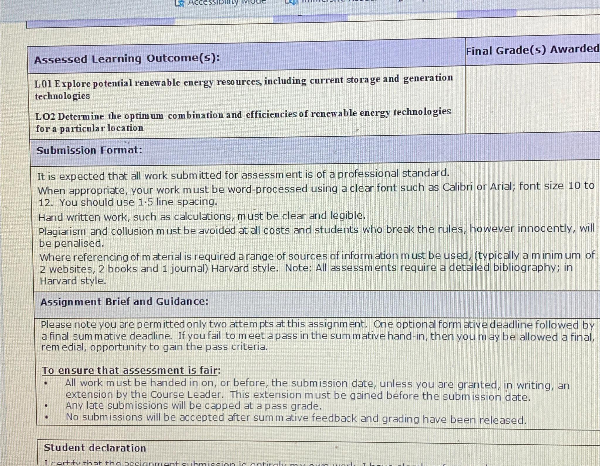  Assessed Learning Outcome(s): Final Grade(s) Awarded L01 Explore potential renewable energy
