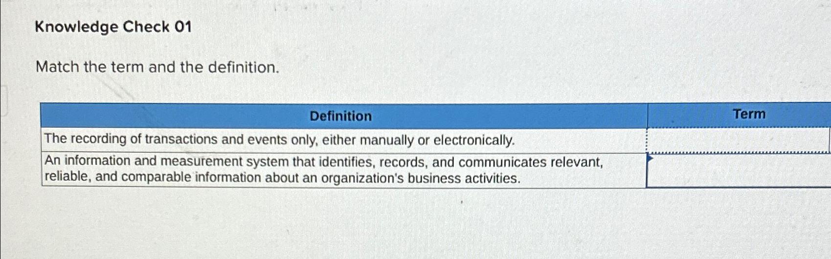  Knowledge Check 01 Match the term and the definition. \table[[Definition,Term],[The recording