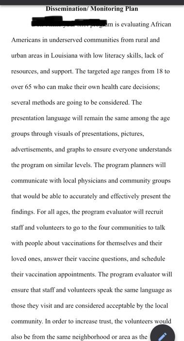 using this as a guide write a dissemination/monitoring plan for an intervention