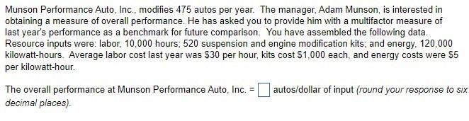  Munson Performance Auto, Inc., modifies 475 autos per year. The manager,