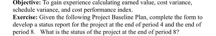  Objective: To gain experience calculating earned value, cost variance, schedule variance,