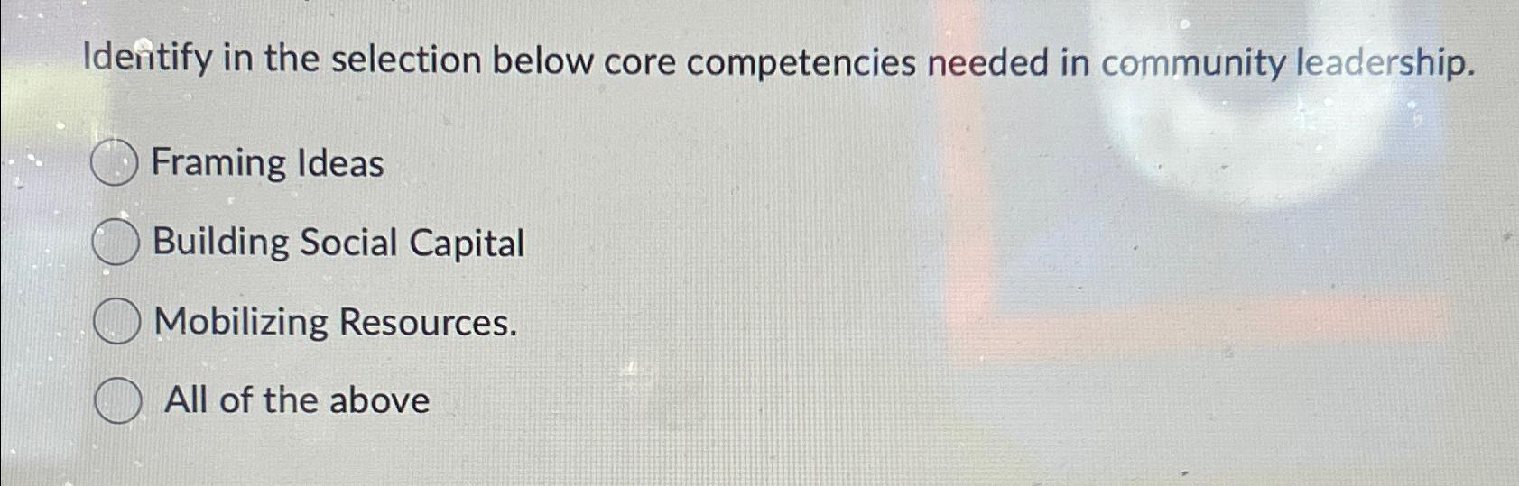  Identify in the selection below core competencies needed in community leadership.
