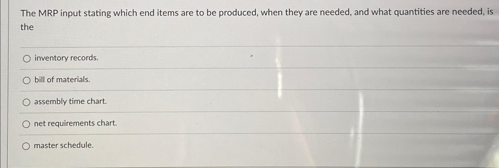  The MRP input stating which end items are to be produced,