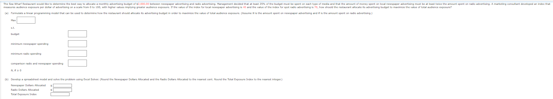  Max s.t. budget minimum newspaper spending minimum radio spending comparison radio