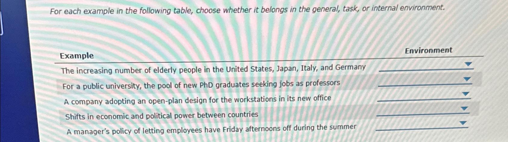  For each example in the following table, choose whether it belongs