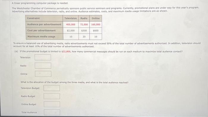  A linear programming computer package is needed. The Westchester Chamber of