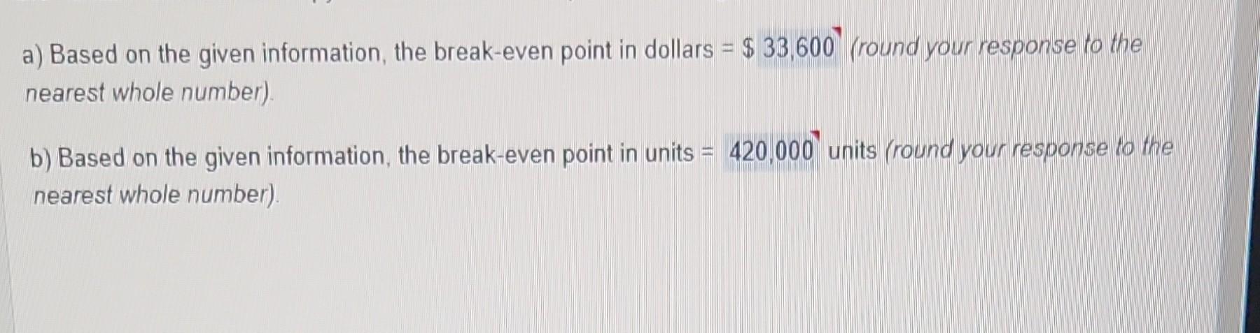  a) Based on the given information, the break-even point in dollars