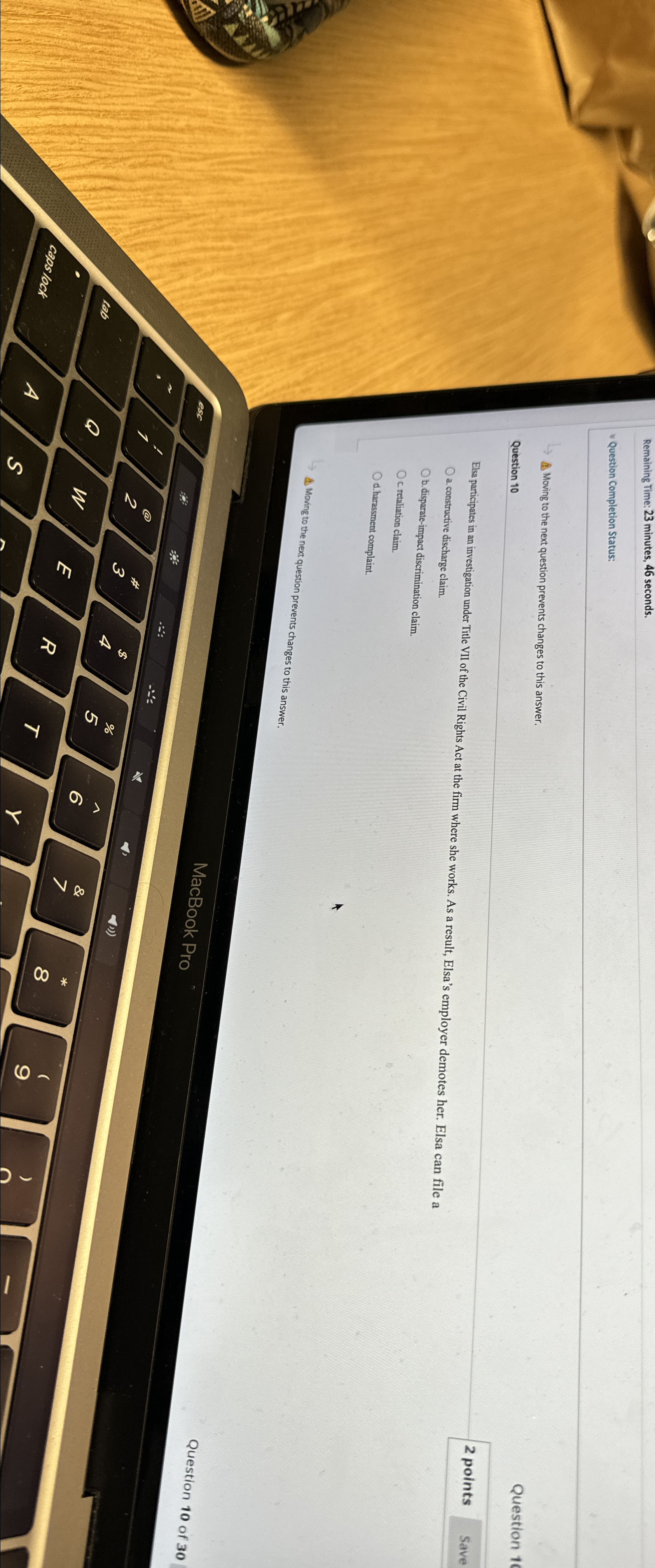  Remaining Time: 23 minutes, 46 seconds. Question Completion Status: Moving to