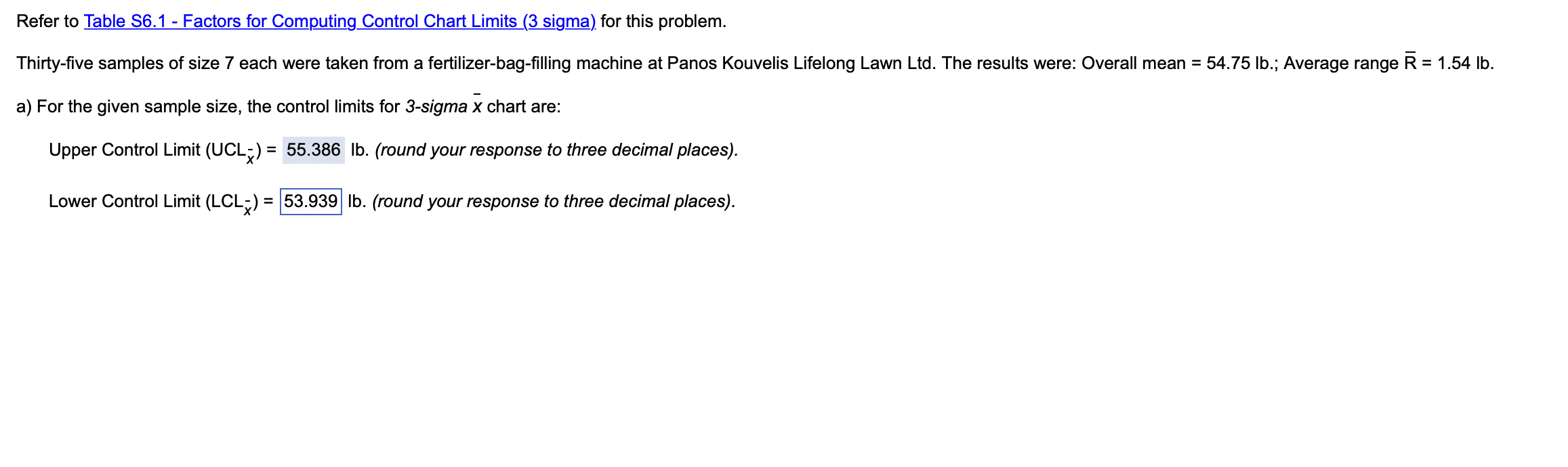 Refer to Table S6.1 - Factors for Computing Control Chart Limits
