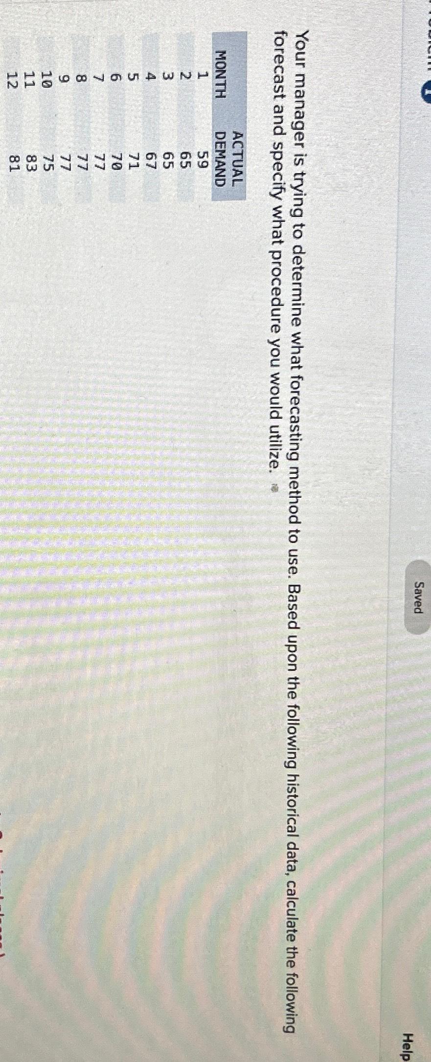  Your manager is trying to determine what forecasting method to use.