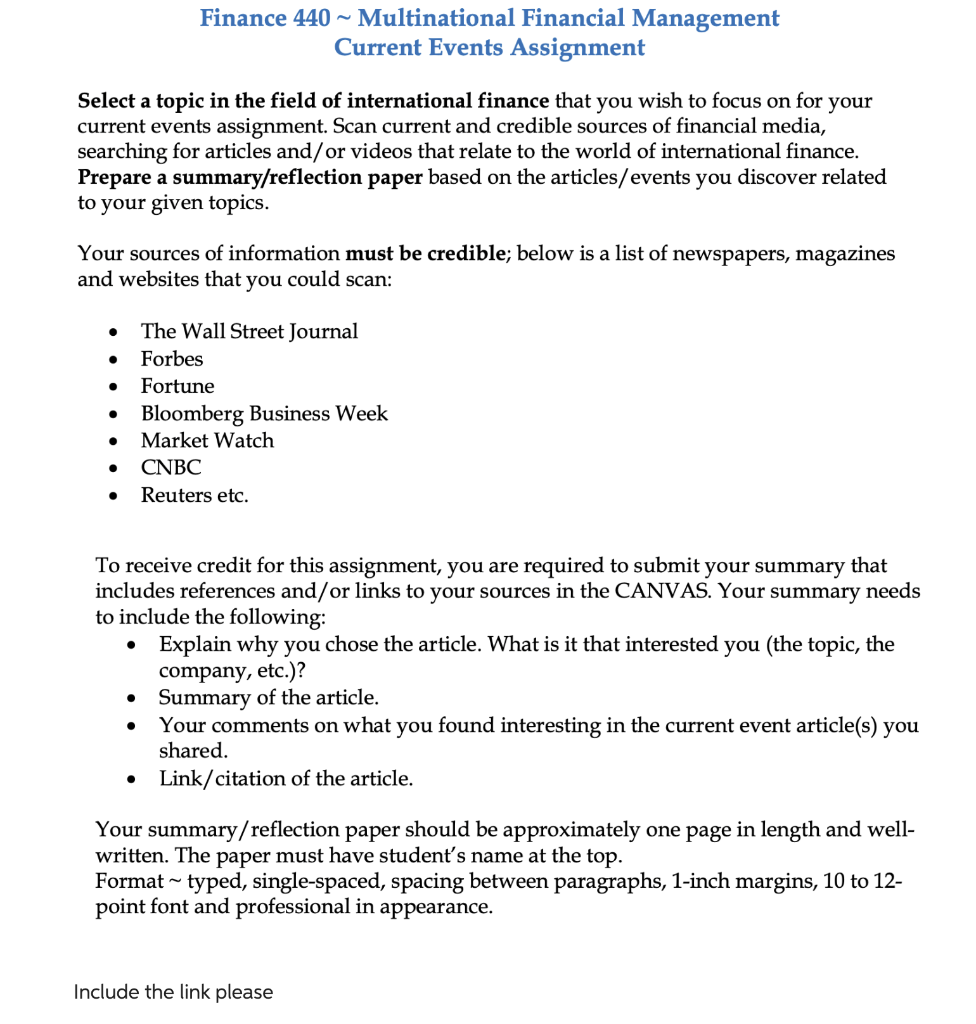 Finance 440 Multinational Financial Management Current Events Assignment Select a topic