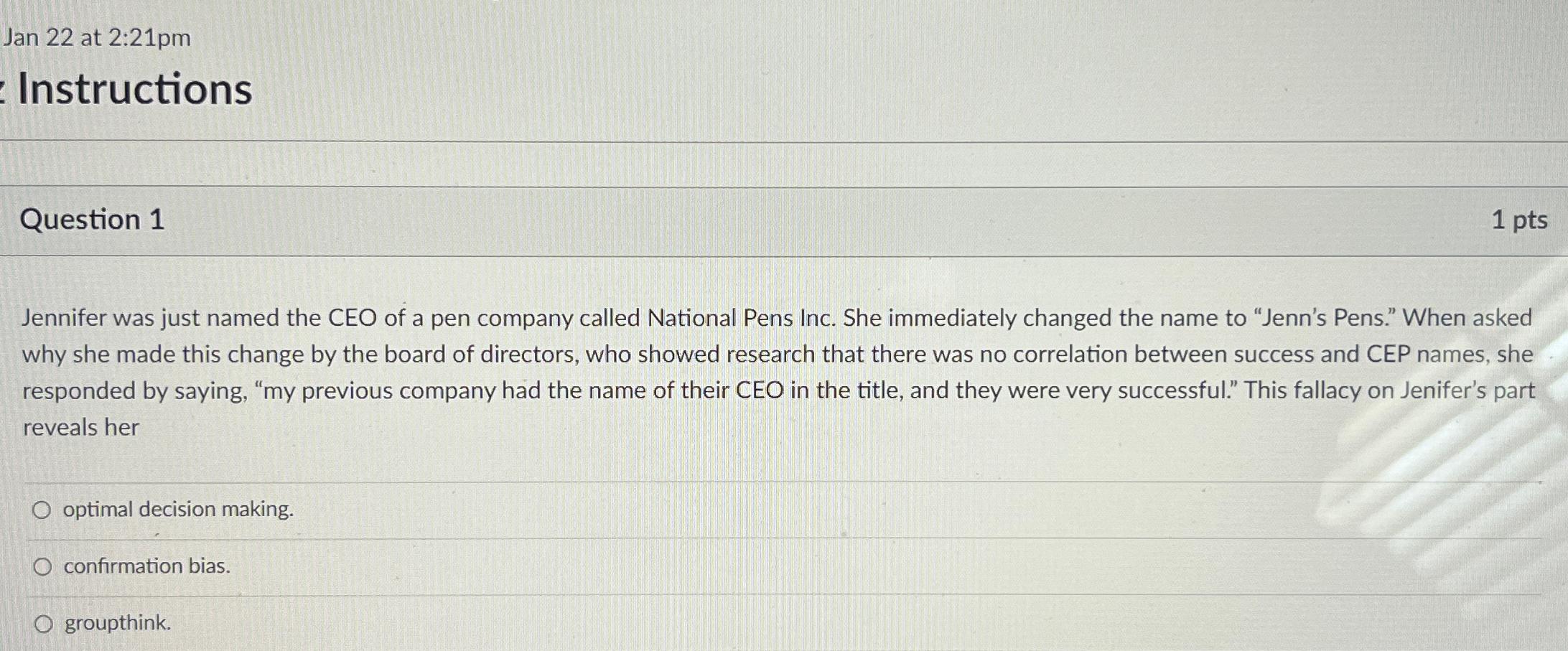  Jan 22 at 2:21pm Instructions Question 1 1 pts Jennifer was
