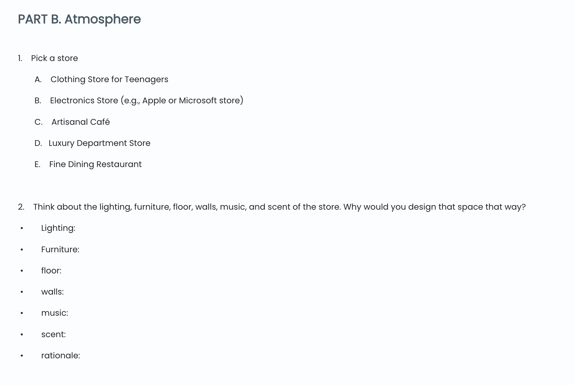 C. A Restaurant (Dinner date!) D. A Family trip E. A Motorcycle