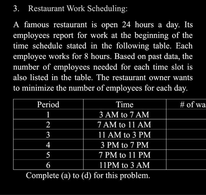  Show All Steps and Work 3. Restaurant Work Scheduling: A famous
