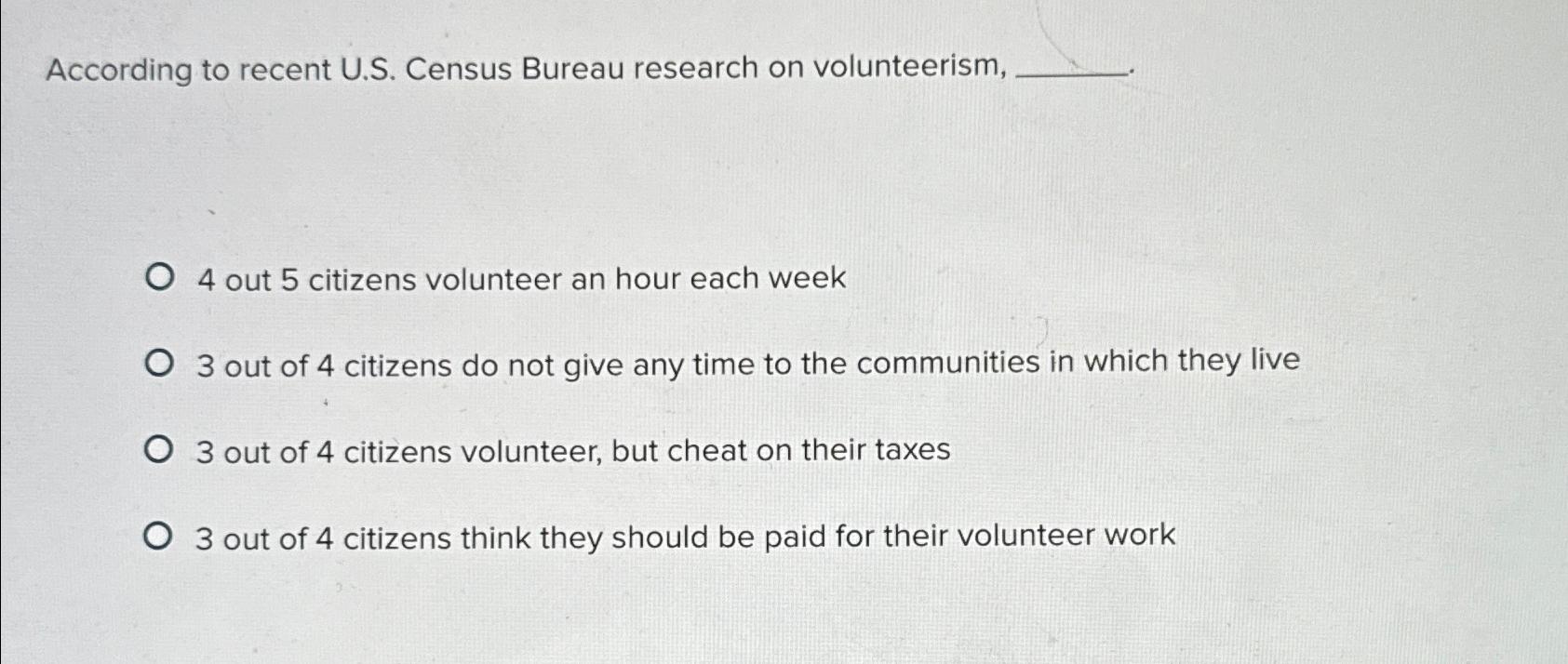  According to recent U.S. Census Bureau research on volunteerism, 4 out