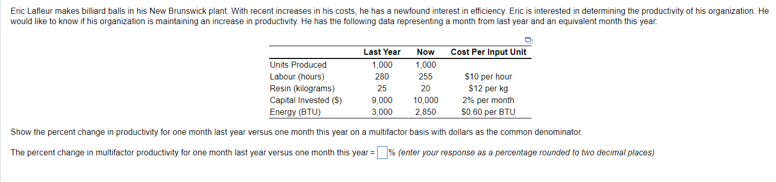 Last Year Now Cost Per Input Unit Units Produced 1,000 1,000 Labour