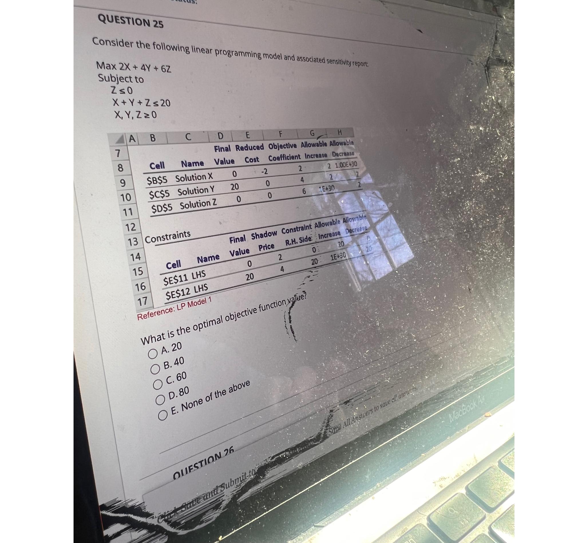  QUESTION 25 Consider the following linear programming model and associated sensitivity
