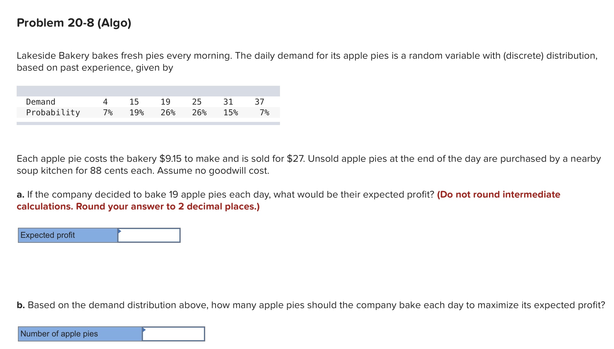  Problem 20-8(Algo) Lakeside Bakery bakes fresh pies every morning. The daily