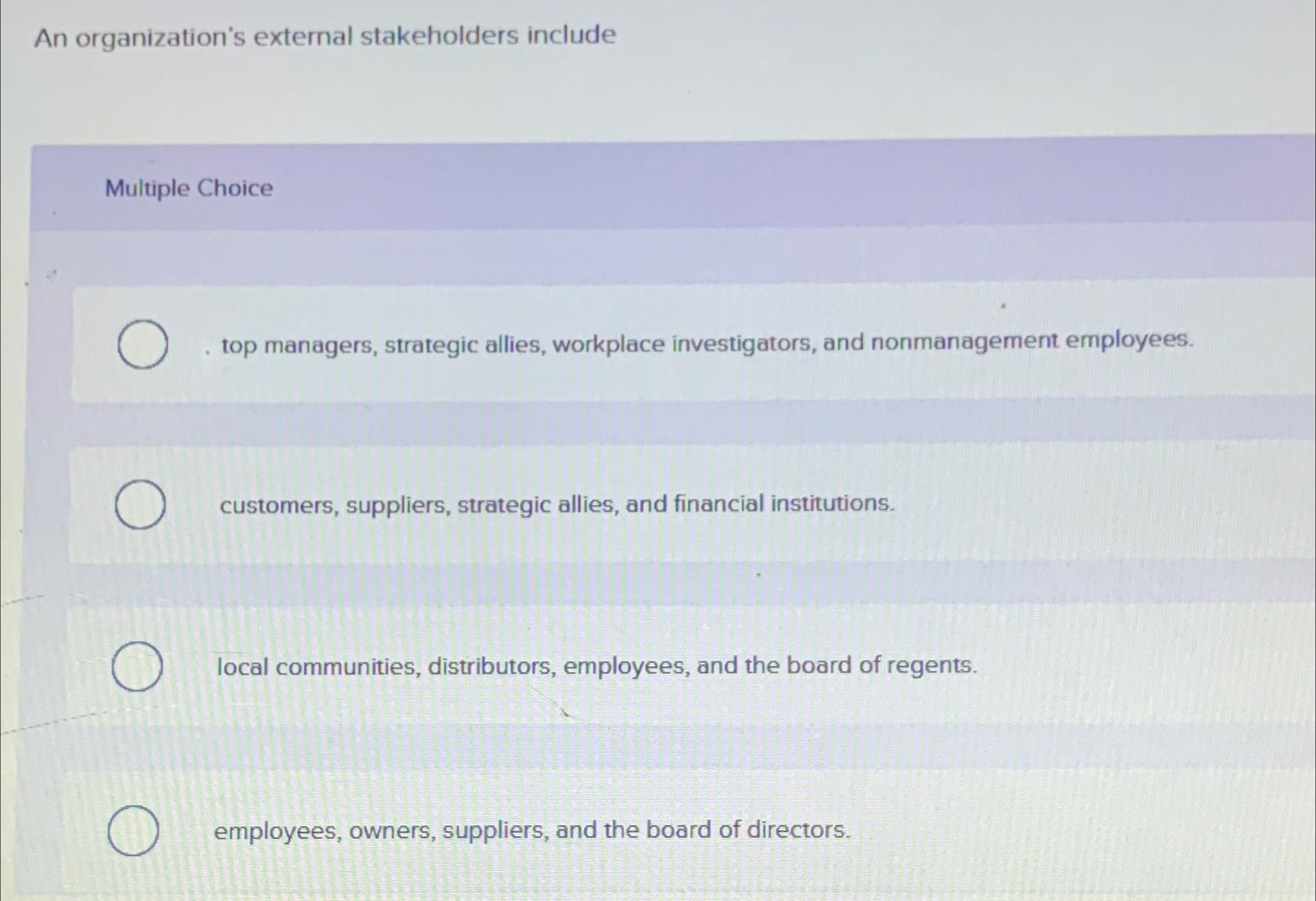  An organization's external stakeholders include Multiple Choice top managers, strategic allies,