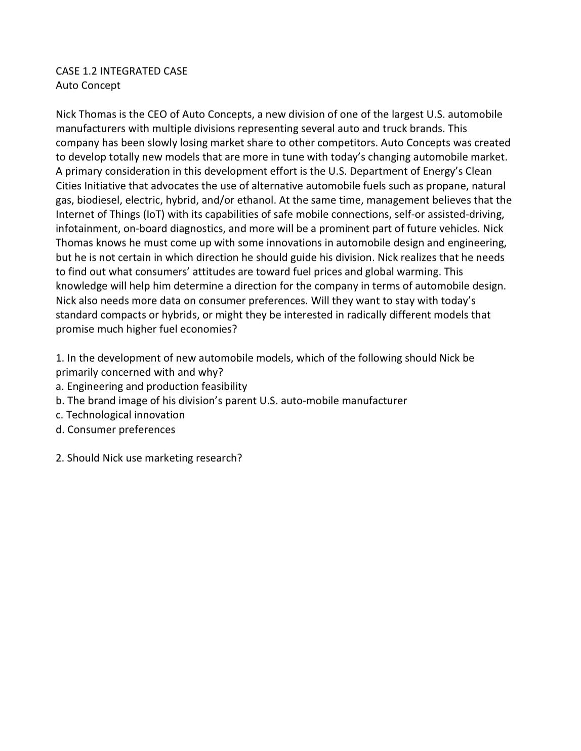  CASE 1.2 INTEGRATED CASE Auto Concept Nick Thomas is the CEO