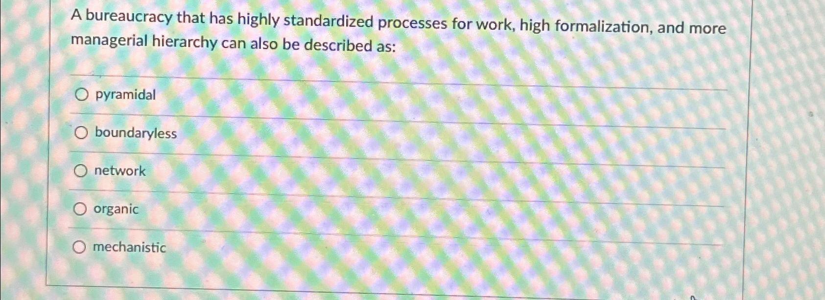  A bureaucracy that has highly standardized processes for work, high formalization,