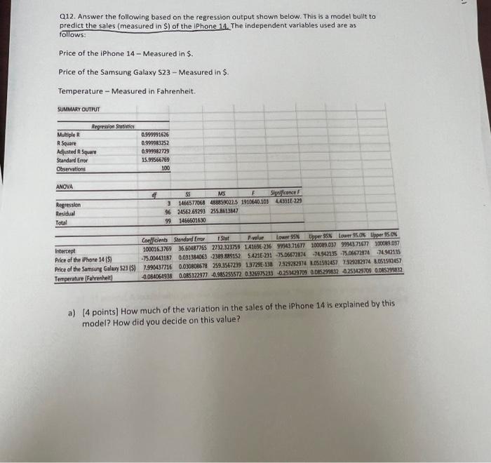 Q12. Answer the following based on the regression output shown below.