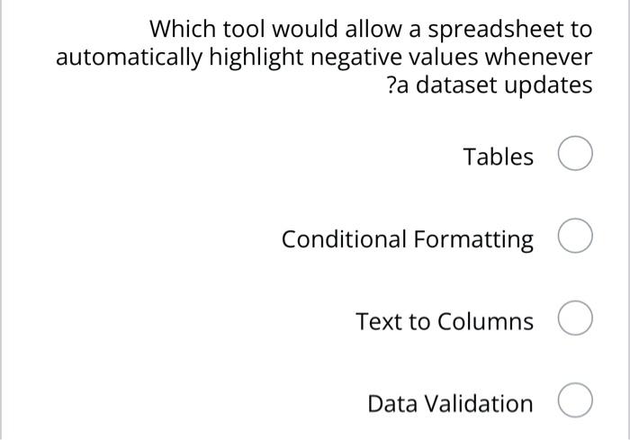  Which tool would allow a spreadsheet to automatically highlight negative values