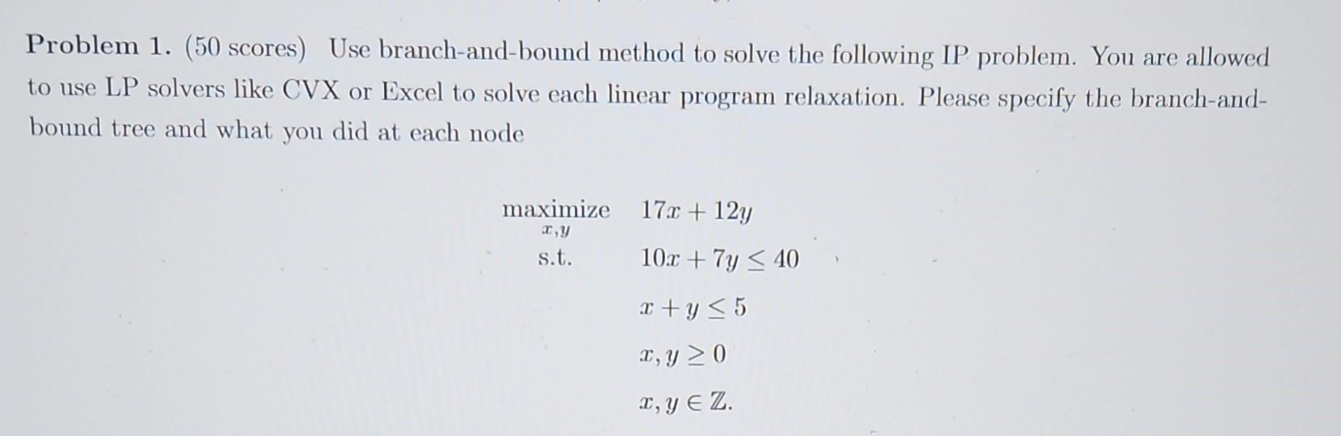 Problem 1. (50 scores) Use branch-and-bound method to solve the following