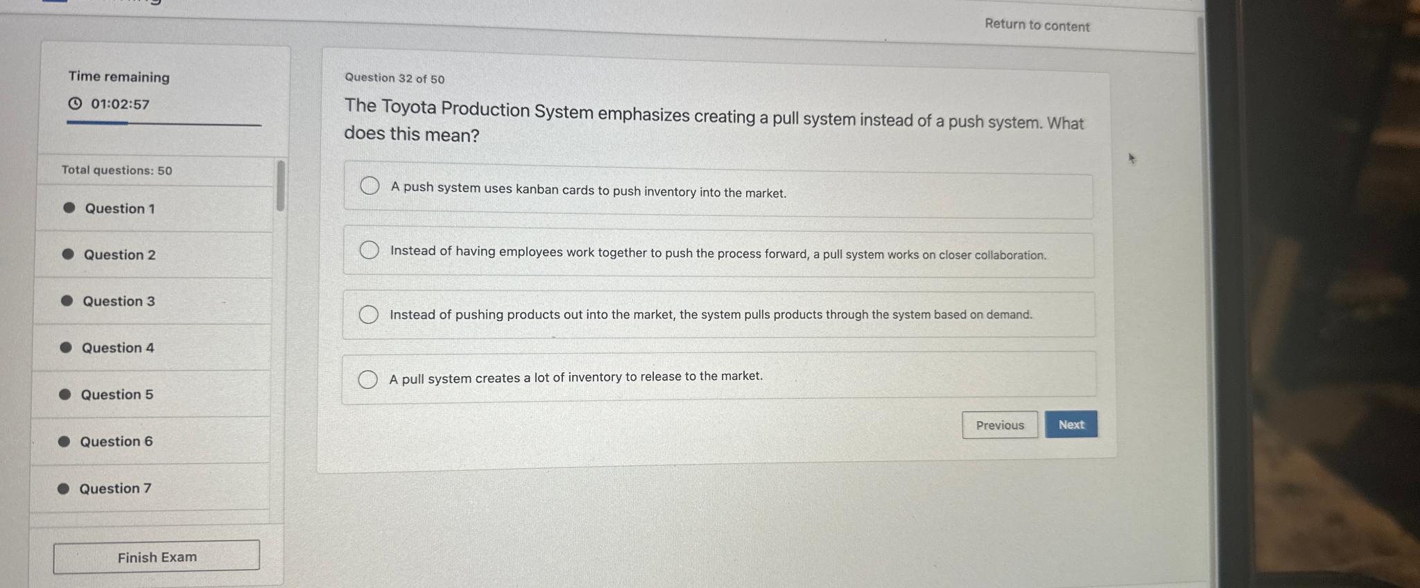  Return to content Time remaining (1)01:02:57 Total questions: 50 Question 1