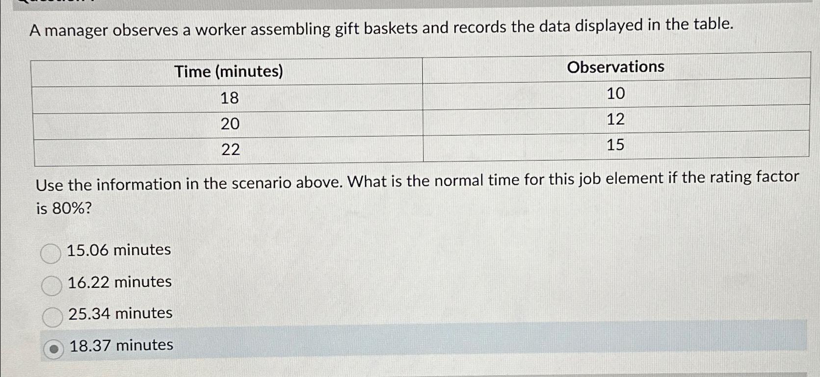  A manager observes a worker assembling gift baskets and records the