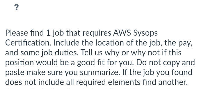  ? Please find 1 job that requires AWS Sysops Certification. Include