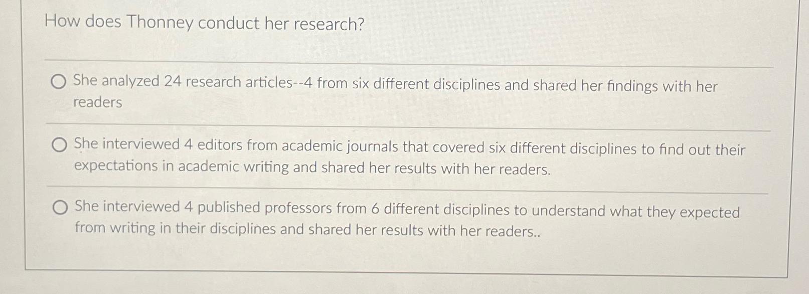  How does Thonney conduct her research? She analyzed 24 research articles--4