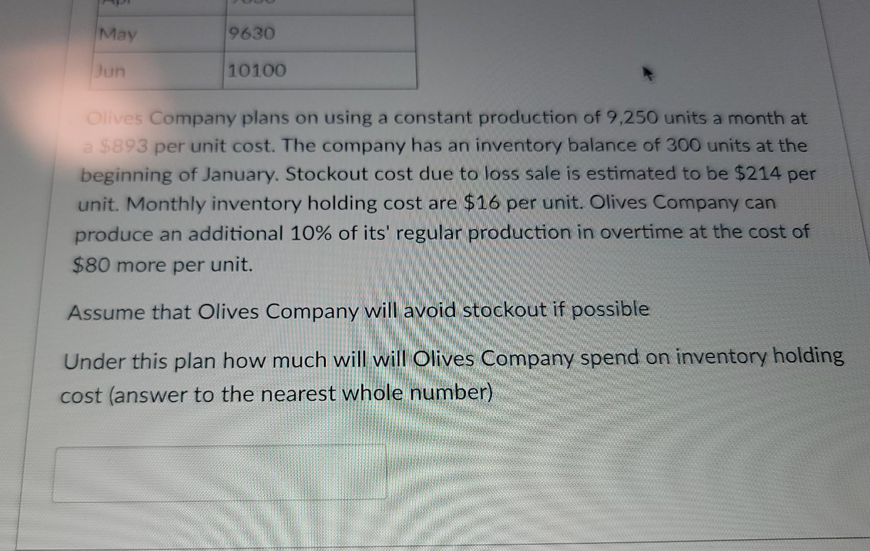 answer is correct The following is the forecasted demand for Olives Company