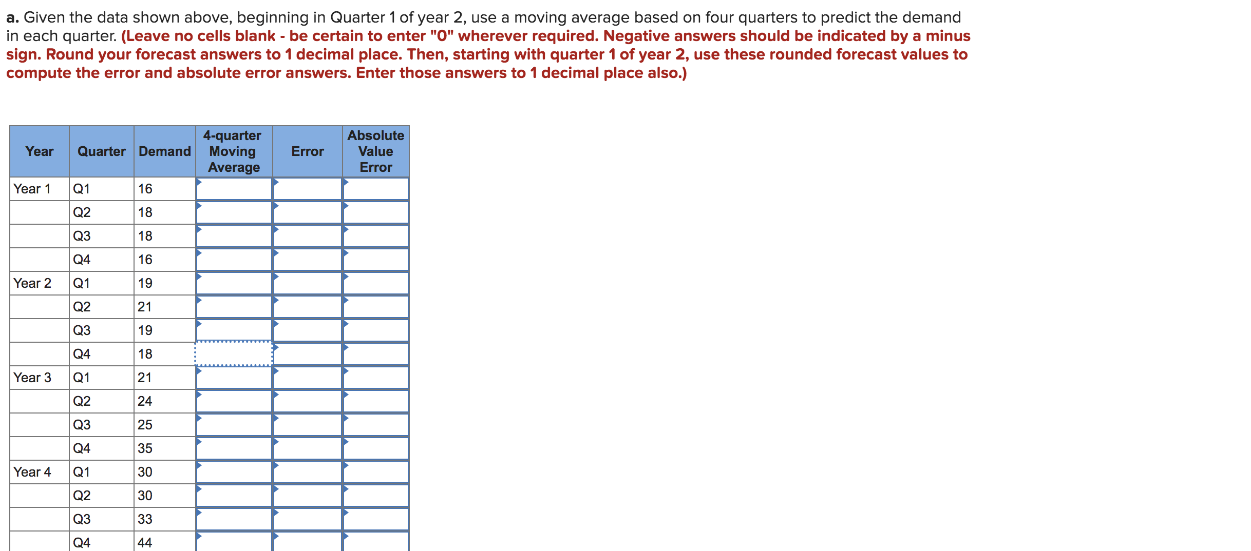 a. Given the data shown above, beginning in Quarter 1 of