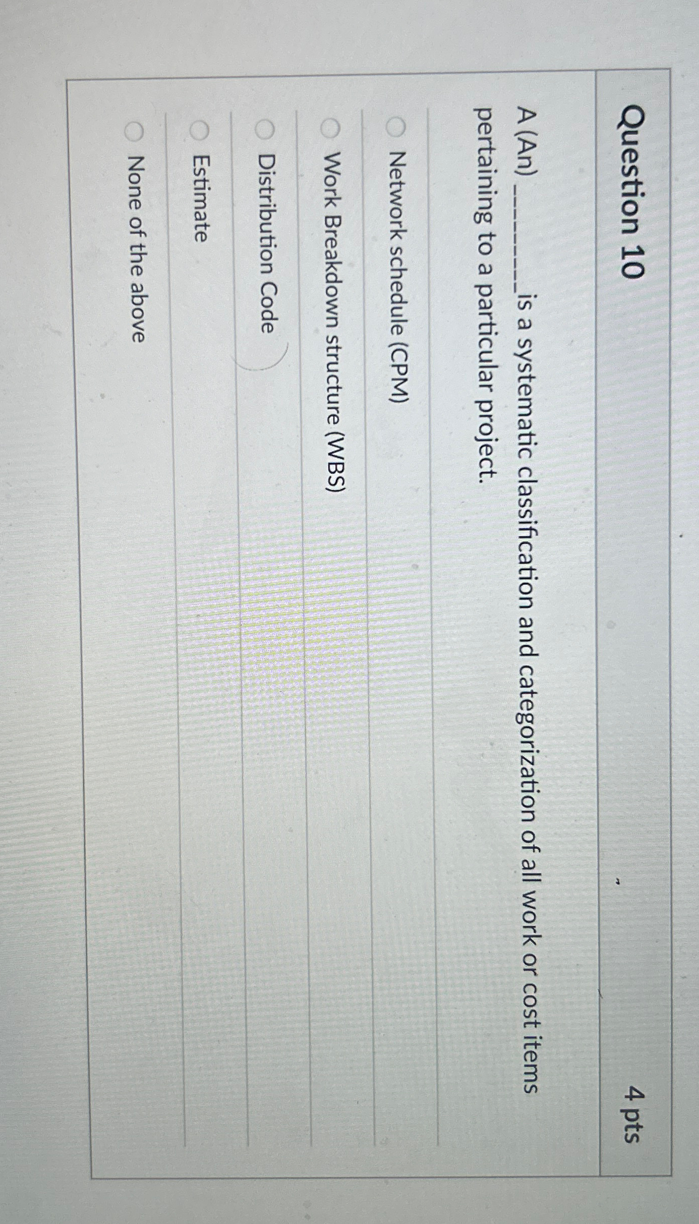  Question 10 4 pts A (An) is a systematic classification and