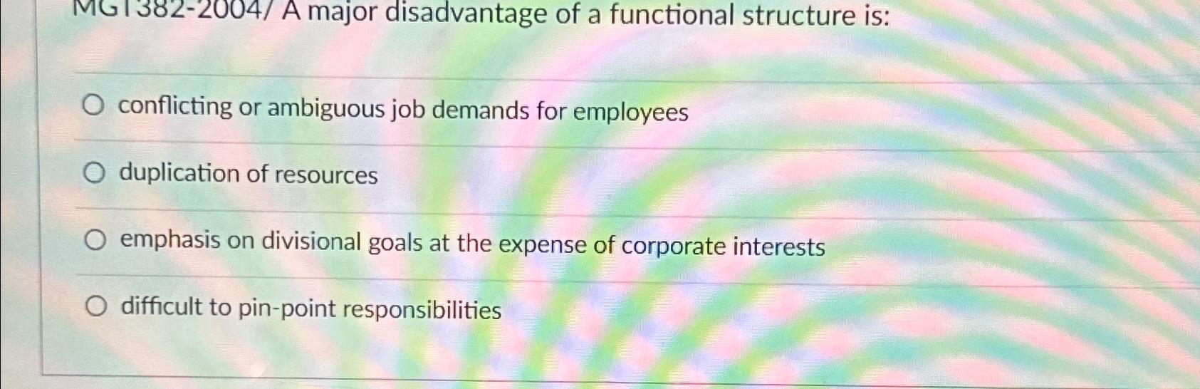  MG 1382-2004/A major disadvantage of a functional structure is: conflicting or