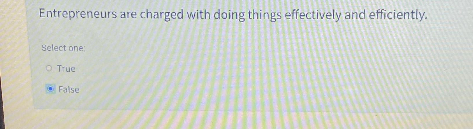  Entrepreneurs are charged with doing things effectively and efficiently. Select one: